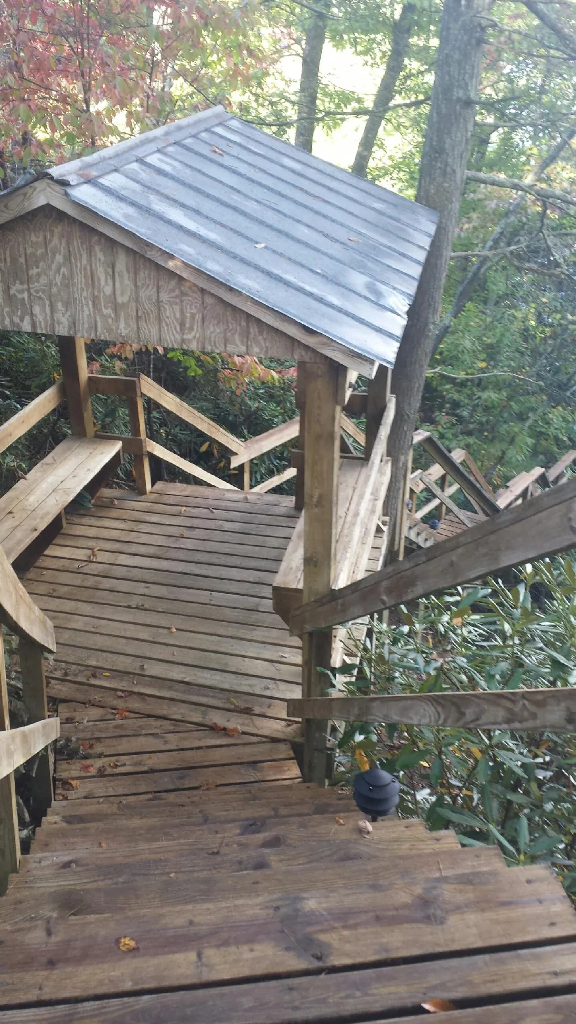 Metal roofed shelter over wooden steps on a wooded walkway — Skylight Repair & Installation work by our crew in Elkhorn